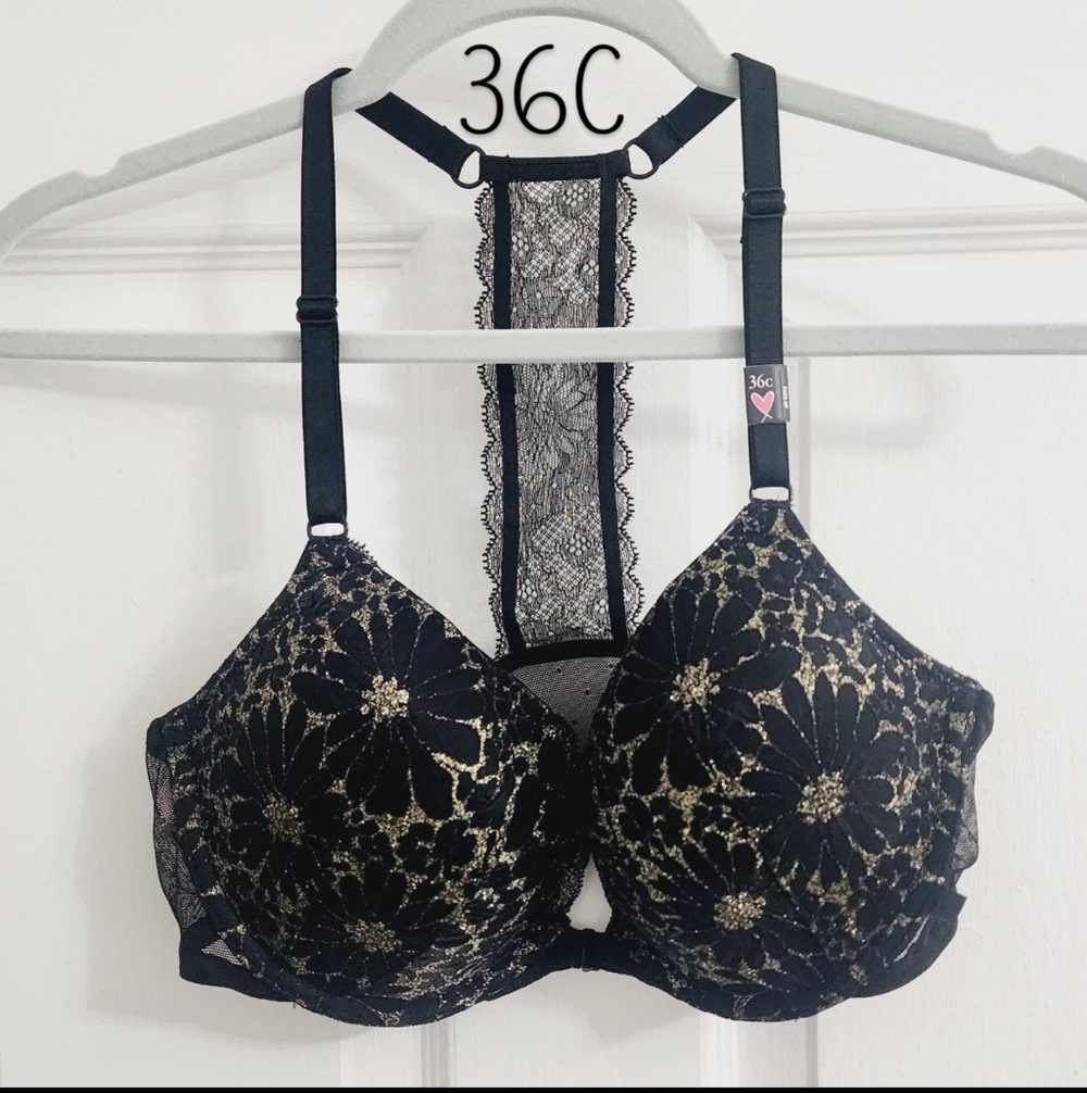 Victoria's Secret | Black and Gold Floral Lace Push Bra
